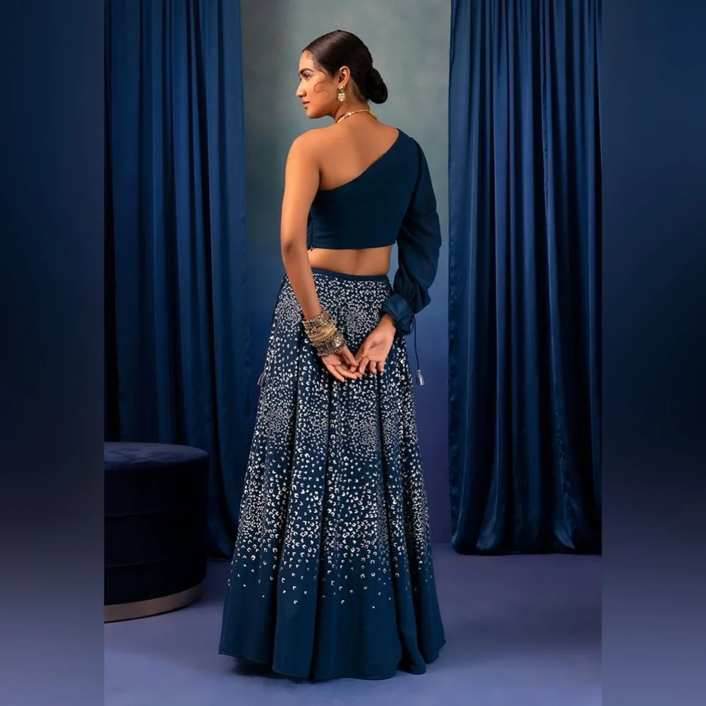 Teal Foil Print Lehenga & One Shoulder Blouse With Attached Drape — Size Medium - Picture 6 of 15